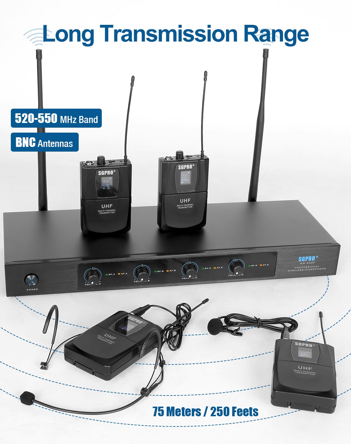 SGPRO 4-Channel Wireless Microphone System - 250Ft Range, Metal Mics & Receiver, Fixed Frequency, 3 Handheld/Headset Configurati